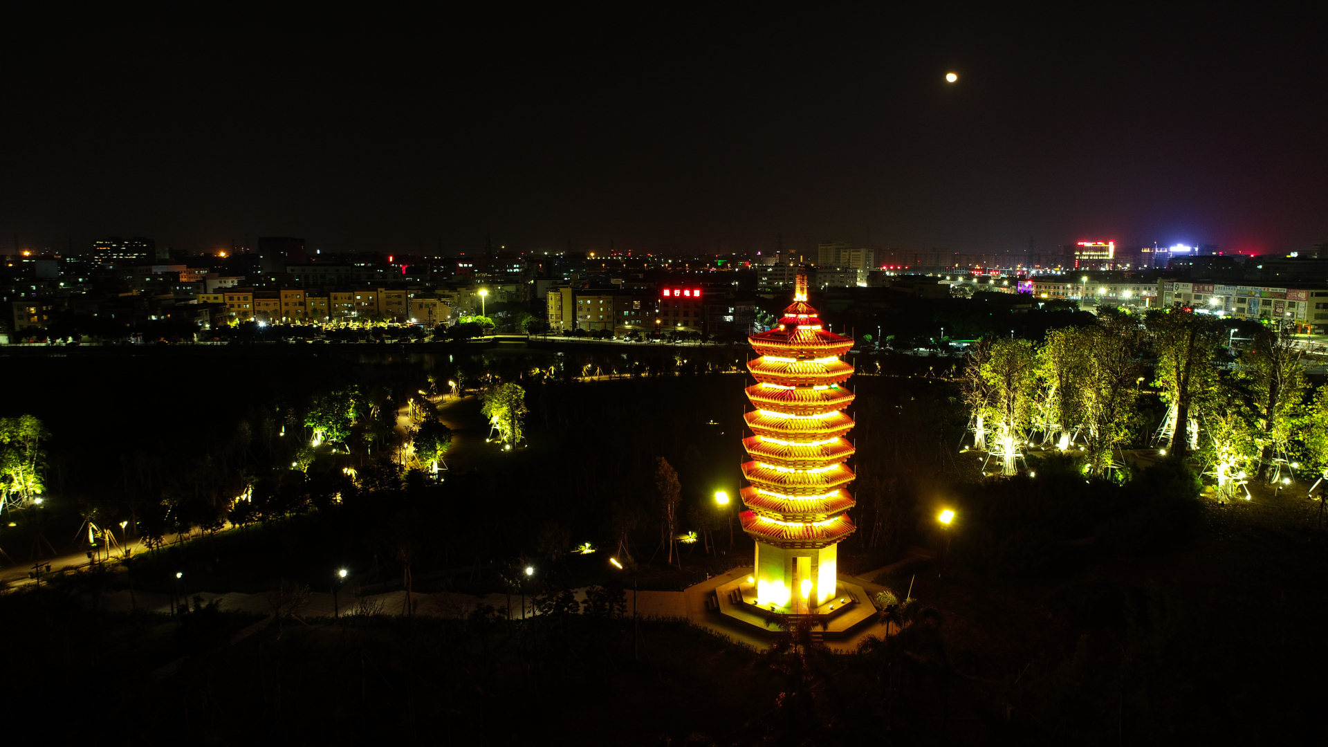 中山灯都古镇湿地公园夜景组图