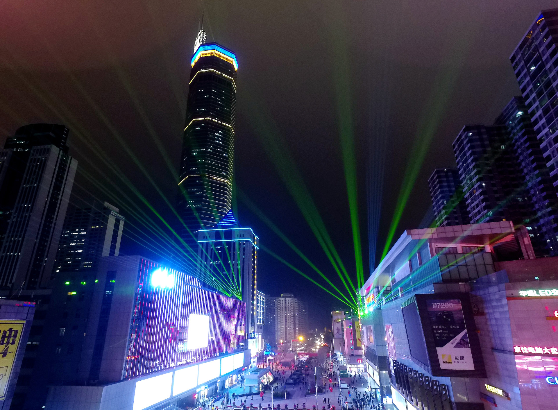 航拍深圳华强北开街夜景