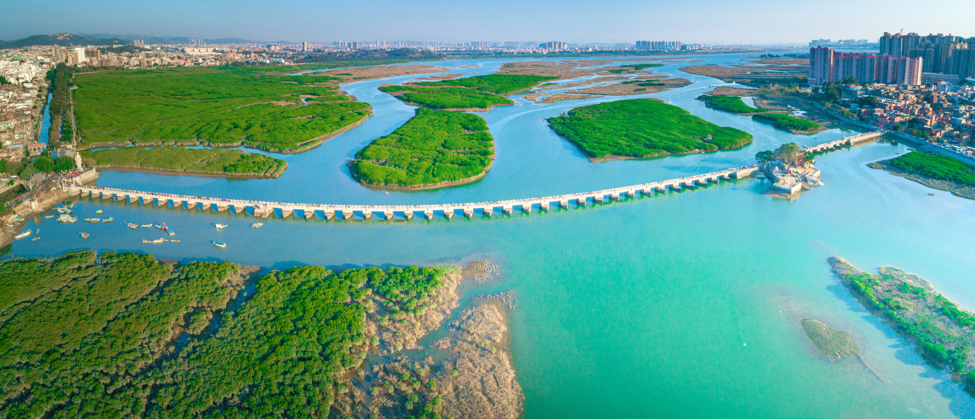 泉州湾河口湿地公园洛阳桥全景panoramic view of luoyang bridge in