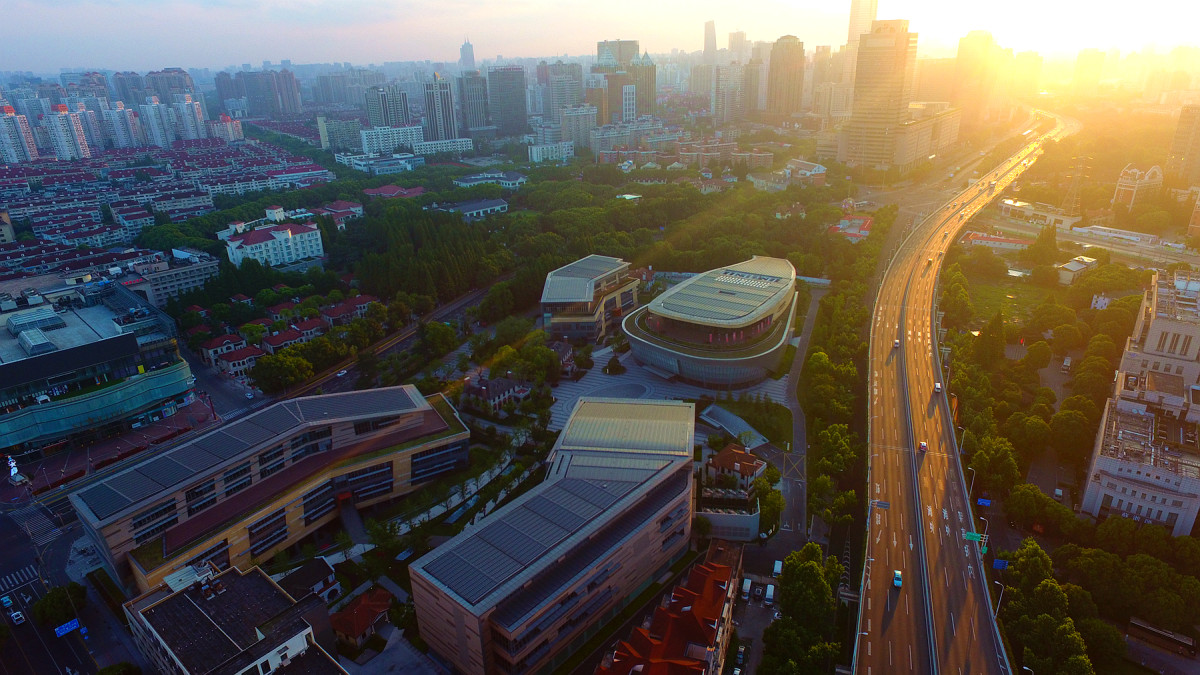 航拍上海长宁地标性文化建筑—国际舞蹈中心,刘海粟美术馆